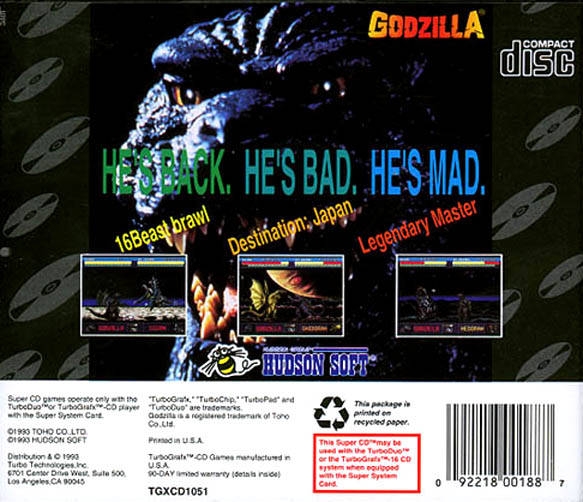 Godzilla for PCE Sales, Wiki, Release Dates, Review, Cheats, Walkthrough