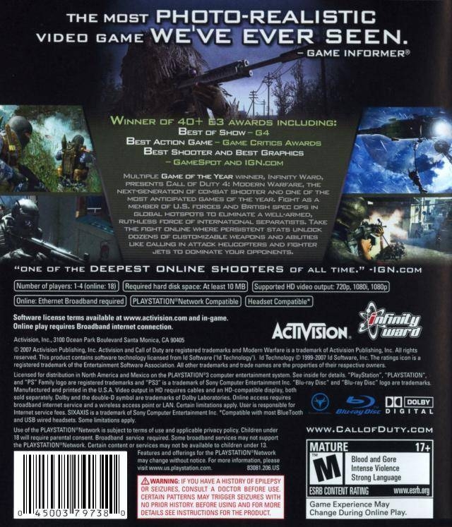 Call of Duty 4: Modern Warfare (Sony PlayStation 3, 2007) for sale